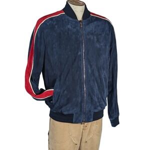 Isaia Mens Lambs Suede Jacket Italy Racing Stipe Blue Red Sz 54R NWT $3,995